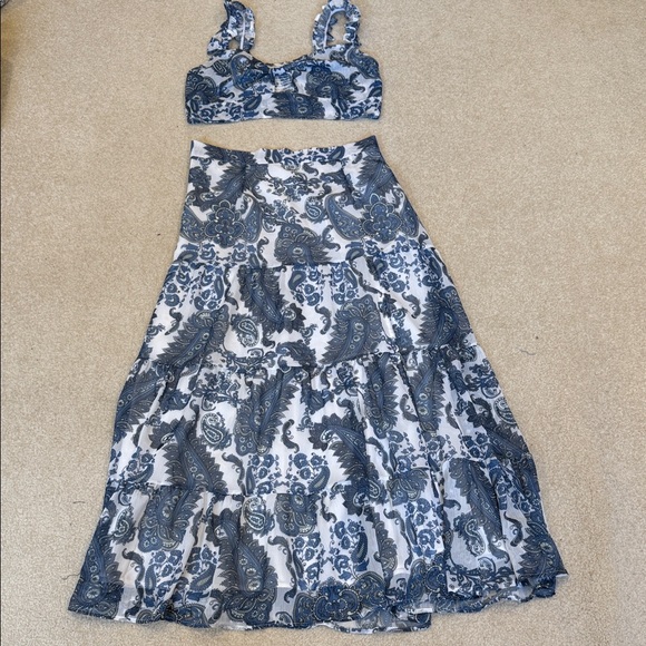 Sundayup Dresses & Skirts - Boho Tiered Paisley Maxi Skirt and top in Blue and White